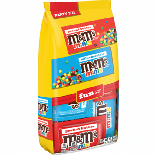 A bag of M&M's Minis candy in a party size pack, featuring peanut butter, milk chocolate, and peanut butter candy flavors. The packaging is bright yellow with red, blue, and white sections displaying the M&M's Minis branding and colorful candy imagery.
