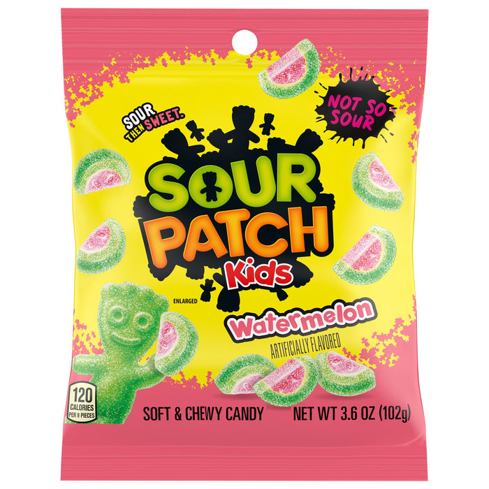 Sour Patch Kids Watermelon delivers a soft, chewy texture with a distinctive flavor profile that begins sour and transitions to sweet. This candy is fat-free, vegan, and halal-certified, making it suitable for a wide range of dietary needs. Offered in a 3.6oz bag or a 12-count case.

1st their sour, then they're sweet, Sour Patch Kids!