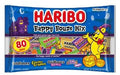 Haribo Happy House Mix candy package with various cartoon characters on a blue background