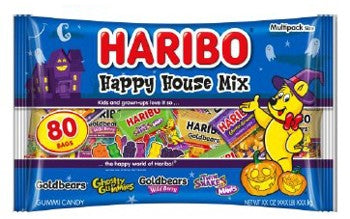 Haribo Happy House Mix candy package with various cartoon characters on a blue background