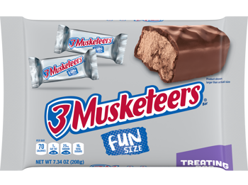 A package of 3 Musketeers Fun Size Treating chocolate bar, featuring the brand logo, two wrapped bars, and a large chocolate-covered bar with a bite taken out, on a white background.