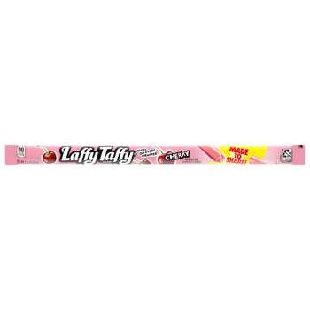A long, thin pink package of Lafty Taffy Cherry flavored candy, shown horizontally against a plain white background.