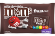 M&M's Fun Size chocolate candy bag packaging, featuring the red M&M's character and several colorful M&M's candies on a dark brown background.