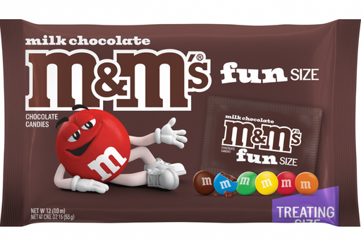 M&M's Fun Size chocolate candy bag packaging, featuring the red M&M's character and several colorful M&M's candies on a dark brown background.