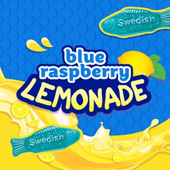 Blue raspberry lemonade packaging with lemons and a blue background