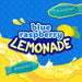 Blue raspberry lemonade packaging with lemons and a blue background