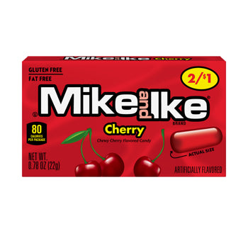 A red box of Mike and Ike Pure Cherry flavored candy, featuring the brand logo, 'Cherry' text, cherries, and a depiction of a candy stick on a white background.