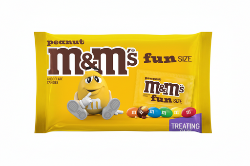 Peanut M&M's Fun Size chocolate candies in a bright yellow bag, featuring the classic M&M's character and several colorful candy pieces at the bottom.