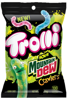 Trolli Sour Mountain Dew Crawlers candy package with colorful text and graphics.