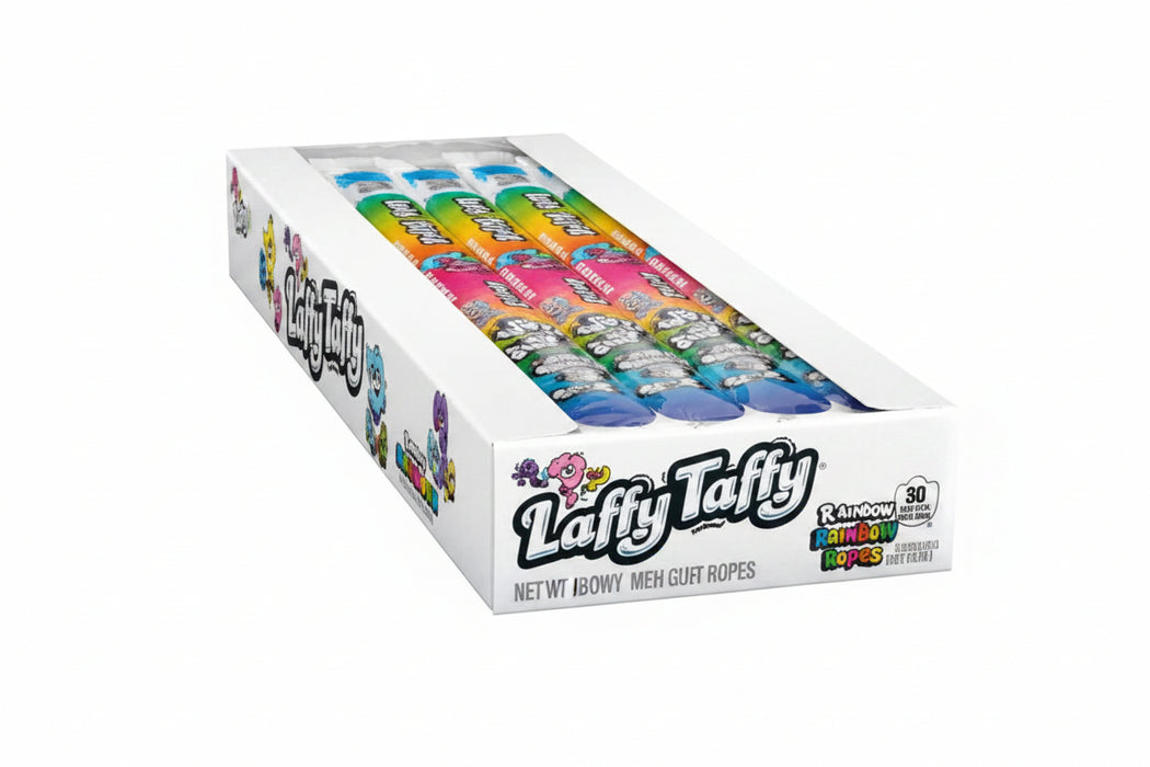 A box of Laffy Taffy chocolate-covered sticks, showing several colorful candy sticks visible through a clear window on the top of the white packaging.