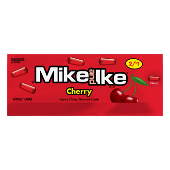A package of Mike and Ike Cherry flavored candy, featuring a bright red box with illustrations of red candy pieces and cherries, and the Mike and Ike logo in white and black.