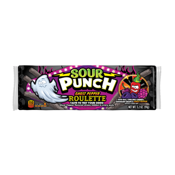 Roll the dice for some spice! We're heating things up with NEW Sour Punch Ghost Pepper Roulette Straws. Each tray has Ghost Pepper straws hiding in a bed of classic fruit flavored straws, providing a sweet cool-down after your ghostly delicious encounter. It's time to turn your snacks up a notch with the hottest new addition to the candy game! - 3.2oz Tray Pack