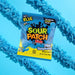 Sour Patch Kids Blue Raspberry candy package on a blue background with blue gummy worms.
