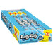 A box of Lafty Taffy Blue Raspberry flavored laffy taffy rips, showing several individually wrapped rips inside a blue and yellow retail display box.