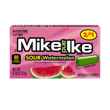 A pink box of Mike and Ike Sour Watermelon candy, featuring watermelon slice graphics and a green candy bar illustration on a white background.