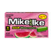 A pink box of Mike and Ike Sour Watermelon candy, featuring watermelon slice graphics and a green candy bar illustration on a white background.