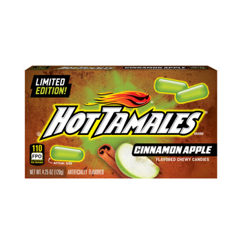 A box of Hot Tamales Cinnamon Apple flavored chewy candies, featuring the brand logo and illustrations of the green candies and cinnamon apple graphics on a brown background.