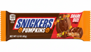 A single Snickers Pumpkin share-size candy bar wrapper on a plain white background. The wrapper is brown with orange side bands, a large blue and white Snickers logo, and a pumpkin-themed chocolate bar illustration on the right.