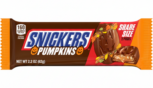 A single Snickers Pumpkin share-size candy bar wrapper on a plain white background. The wrapper is brown with orange side bands, a large blue and white Snickers logo, and a pumpkin-themed chocolate bar illustration on the right.