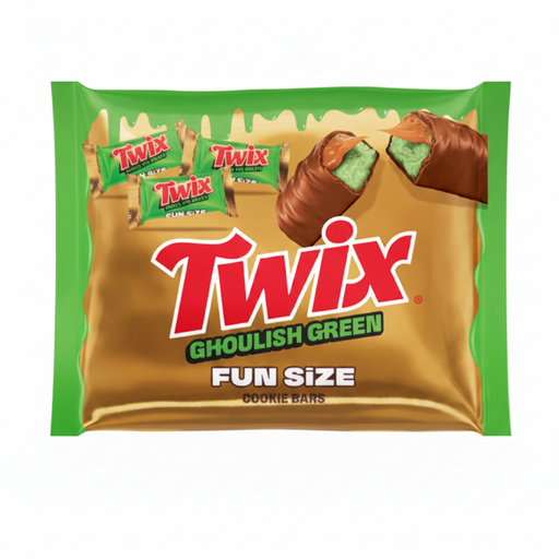 Twix Ghoulish Green Fun Size Cookie Bars in a green and gold wrapper, featuring illustrations of chocolate-coated Twix bars and a broken bar showing the green filling.