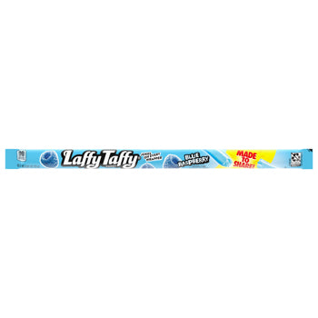 A long horizontal package of Lafty Taffy Blue Raspberry candy sticks on a plain white background.