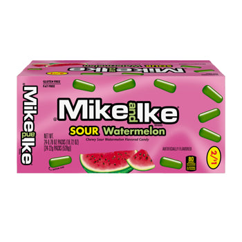 A pink box of Mike and Ike Sour Watermelon candy, featuring green gum-shaped candies illustrated on the packaging and watermelon slices near the bottom.