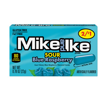 A box of Mike and Ike Sour Blue Raspberry candy on a plain white background. The packaging is predominantly bright blue with white and yellow text