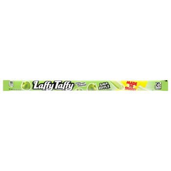 A long horizontal package of Laffy Taffy gum, specifically Chip Apple flavor, shown against a plain white background. The packaging is primarily light green with white and black branding, and a small yellow burst indicating 'Made in USA'.