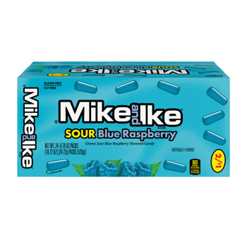 A box of Mike and Ike Sour Blue Raspberry candy on a plain white background. The packaging is bright blue with white and black branding, blue candy pieces illustrated on top, and blue raspberry graphics near the bottom.
