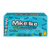 A box of Mike and Ike Sour Blue Raspberry candy on a plain white background. The packaging is bright blue with white and black branding, blue candy pieces illustrated on top, and blue raspberry graphics near the bottom.