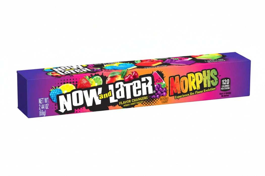 A 18pc pack of Now & Later Morphs grape soda candy in grape flavor, featuring a vibrant purple and orange design with colorful candy illustrations.