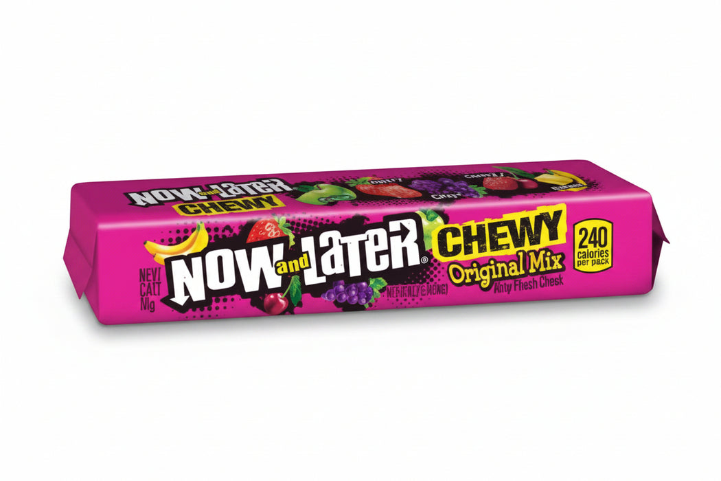 A pink package of Now and Later Chewy Original Mix candy, featuring colorful graphics of various fruits on the top and a yellow '240' count badge on the right.