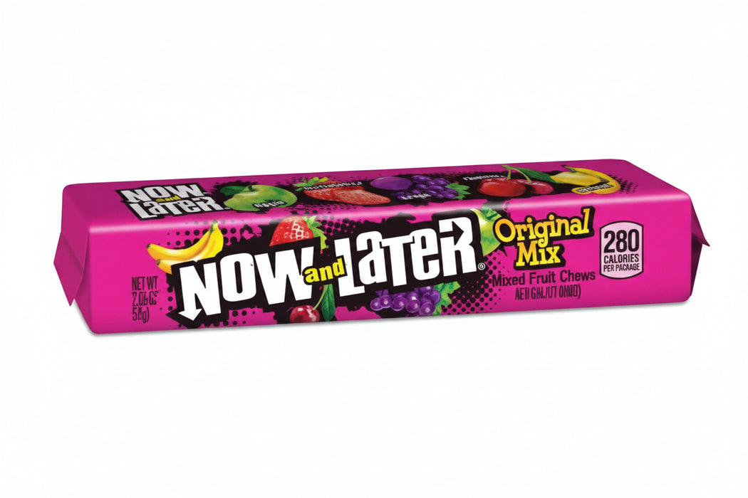 A pink package of Now and Later Original Mix fruit candy, featuring a colorful label with fruit illustrations and the brand name 'Now and Later' in white and black.