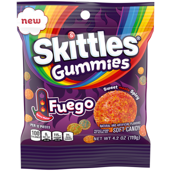 Skittles Gummies Fuego candy package with colorful design on a white background