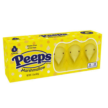 A box of Peeps Marshmallow chicks, featuring a bright yellow packaging with three yellow marshmallow chicks visible through a clear window on the front.