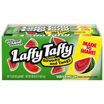 Box of Laffy Taffy watermelon candy with watermelon illustrations on a white background