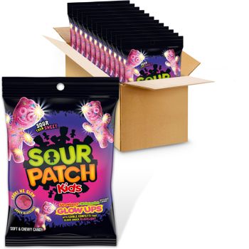 Box of Sour Patch Kids glow-in-the-dark candy 3.08oz bags - 12ct case
