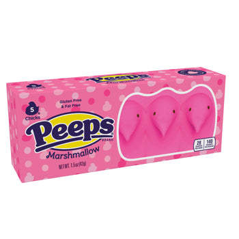 A box of Peeps Marshmallow candy by Chicks, featuring a bright pink box with white polka dots and a clear window showing three pink marshmallow peeps inside.