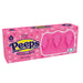 A box of Peeps Marshmallow candy by Chicks, featuring a bright pink box with white polka dots and a clear window showing three pink marshmallow peeps inside.