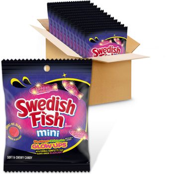 Box of Swedish Fish mini candy 3.08oz bags - 12ct case