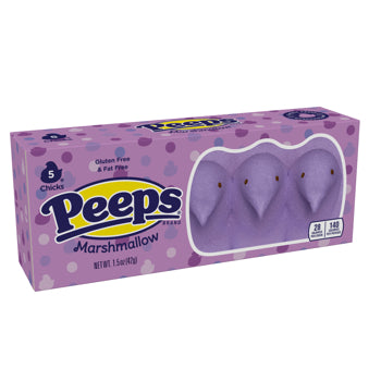 A box of Peeps Marshmallow candy in the Purple Peeps flavor, featuring three purple marshmallow peeps visible through a clear window on the front of the packaging.
