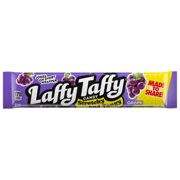 A Laffy Taffy Grape candy stick in its original wrapper, featuring the brand's purple and yellow packaging with illustrations of grapes.
