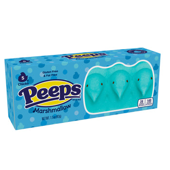 A box of Peeps Marshmallow candy, featuring three light blue marshmallow peeps visible through a clear window on the front of the packaging.