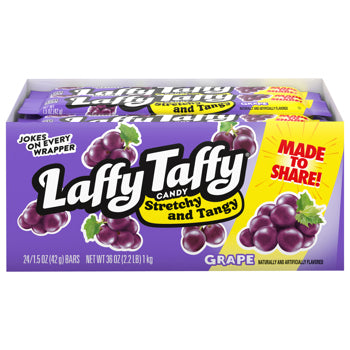 A box of Laffy Taffy Grape candy bars with purple packaging, featuring illustrations of grape clusters and a yellow 'Made to Share!' badge.