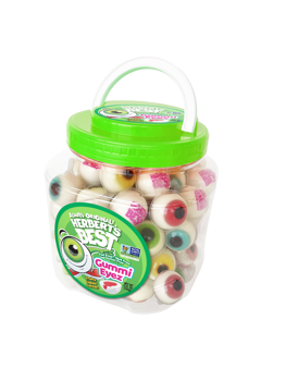 Jar of colorful gummy eyeballs with a green lid on a white background