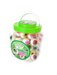 Jar of colorful gummy eyeballs with a green lid on a white background
