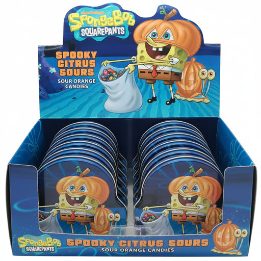 A SpongeBob Squarepants branded Metal Embossed Tin filled with stacks of 'Spooky Citrus Sour' sour orange candies. The packaging features SpongeBob and Patrick in a pumpkin costume against a blue background