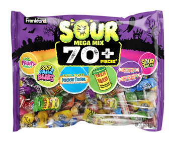 Sour candy mega mix package with colorful design on a white background