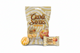 A bag of Creme Savers Peach Candy with two individual wrapped candies in front, set against a plain white background.