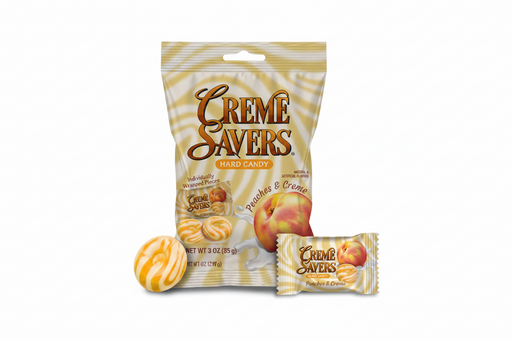 A bag of Creme Savers Peach Candy with two individual wrapped candies in front, set against a plain white background.